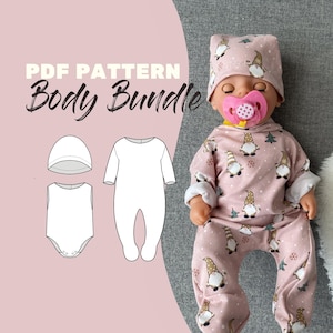Könnte beinhalten: Ein rosa Baby-Outfit mit einem Zwergenmuster, einschließlich Hut und Strampler, wird von einer Puppe getragen. Das Bild zeigt auch ein PDF-Muster für ein Body-Bundle mit Illustrationen eines Hutes, eines Stramplers und eines Bodys. Der Text "PDF Pattern Body Bundle" wird angezeigt.