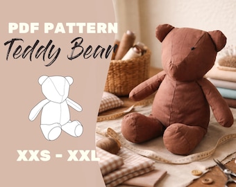 Teddy Bear Sewing Pattern PDF | 23-71 cm (9-28”) | Plush Toy Pattern | Layered A0 A4 Letter | Beginner Friendly