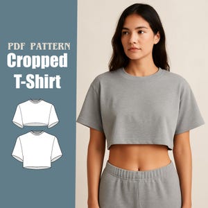 Könnte beinhalten: Ein graues, gecropptes T-Shirt mit kurzen Ärmeln. Das Bild zeigt auch ein PDF-Schnittmuster für ein gecropptes T-Shirt. Der Text auf dem Bild lautet "PDF Pattern Cropped T-Shirt".