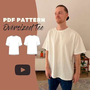 May include: A white oversized t-shirt with a crew neckline and short sleeves. The image includes text reading PDF PATTERN Oversized Tee, a black play button icon, and a line drawing showing the front and back views of the t-shirt design.