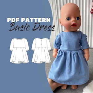 Könnte beinhalten: Ein blaues Puppenkleid mit kurzen Ärmeln und einem gerafften Rock wird von einer Puppe getragen. Das Bild zeigt auch ein PDF-Schnittmuster für ein einfaches Kleid mit Illustrationen der Vorder- und Rückansicht. Der Text auf dem Bild lautet "PDF Pattern Basic Dress."