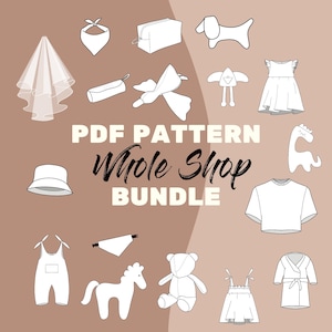 May include: A collection of black and white line art illustrations representing various sewing projects, including clothing, accessories, and stuffed animals, with the text PDF PATTERN Whole Shop BUNDLE centred in the middle of the image.