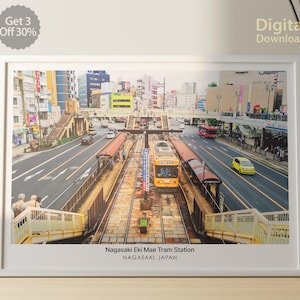 NAGASAKI Travel Photo, Nagasaki Eki Mae Tram Station, Color & Gray Poster, Cityscape, Japan