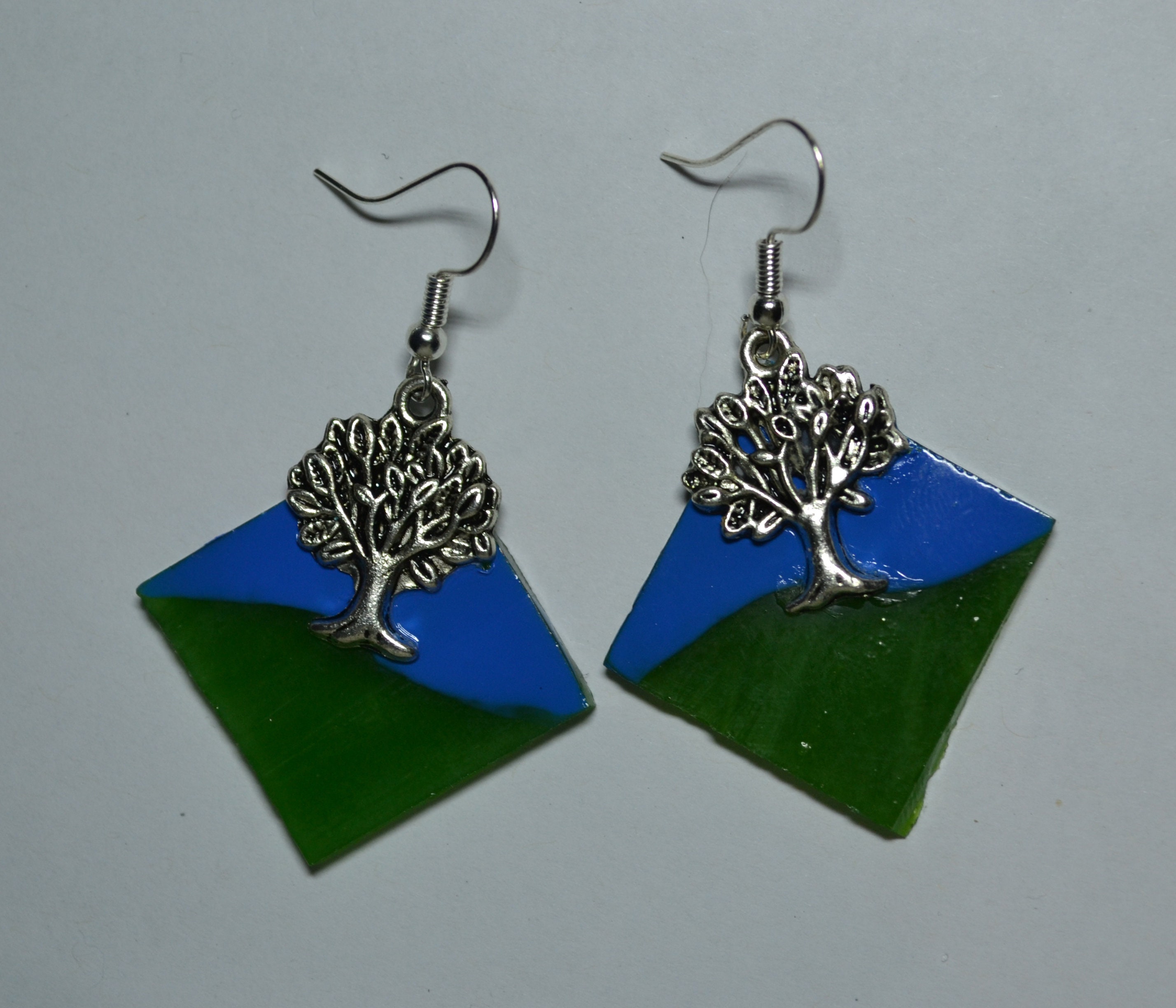 Hand painted artisan green blue glass landscape Tree of Life earrings unique jewellery sterling silver hooks pastel Australian Designer gift