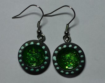 Unique Boho Australian Art handpainted wood round spark green resin Sterling Silver 925 rustic earrings