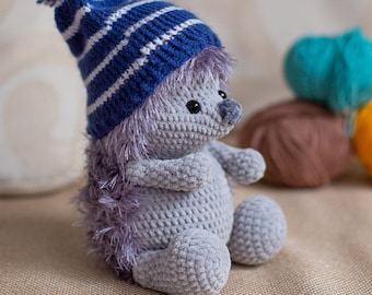 Crochet Hedgehog Plush Toy: Handmade Gray Amigurumi with Hat