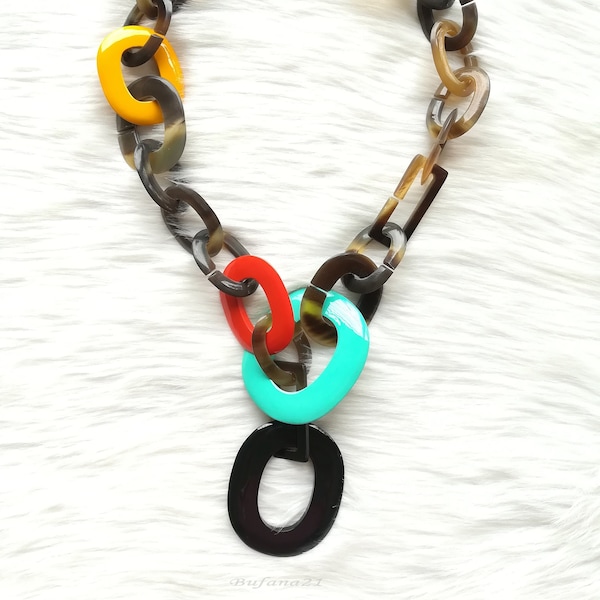 Long Buffalo horn necklace, Statement necklace, 50cm long, Light-weight [LY-002]