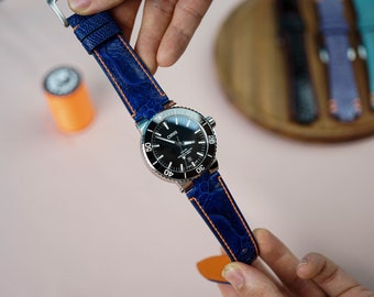 Correa de reloj de cuero azul brillante a medida para Oris Aquis Wacthes, correa de reloj personalizada Aquis 41,5 mm, 43,5 mm, 45,5 mm KT218
