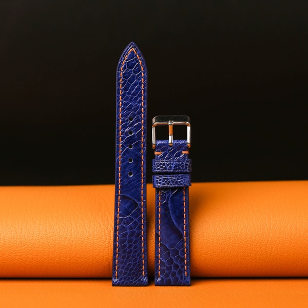 Bespoke Navy Ostrich Leg Leather Watch Strap For Omega, Tudor, Grand Seiko, JLC, Slim Wacth strap KT137