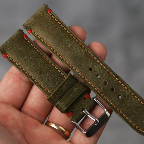 Olive Green Pueblo Leather Watch Strap, Vintage Watch Strap For Rolex