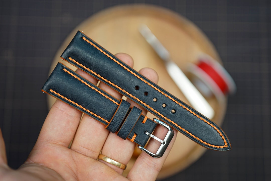 Bespoke Navy Pueblo Leather Watch Strap 16mm 17mm 18mm 19mm 20mm 21mm ...