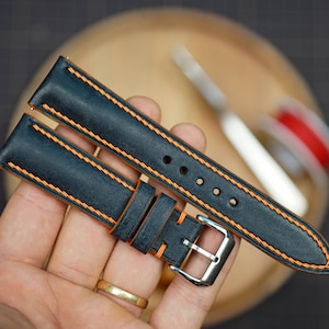 Bespoke Navy Pueblo Leather Watch Strap 16mm 17mm 18mm 19mm 20mm 21mm 22mm 23mm 24mm 26mm, Custom Watch Strap KT225