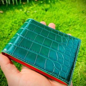 Portefeuille en cuir vert sur mesure pour hommes, personnaliser la couleur intérieure, coudre la couleur KT142