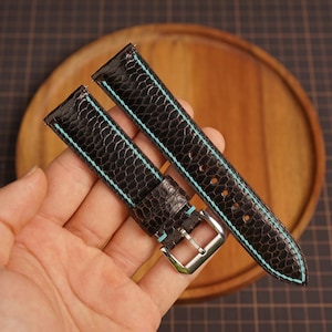 Bespoke Black Blue Beaver Tail Leather Watch Strap, Handmade Watch Band for Tudor, Omega, Seiko, Oris 16mm 18mm 19mm 20mm 21mm 22mm 23mm