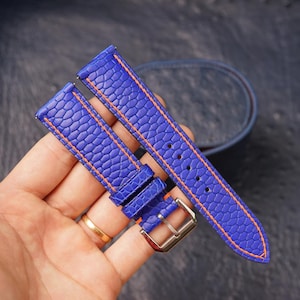 Bespoke Navy Blue Beaver Tail Leather Watch Strap with Orange Stitching 16mm 17mm 18mm 19mm 20mm 21mm 22mm 23mm