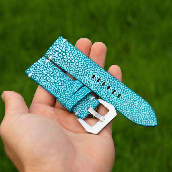 Bespoke Light Blue No Pearl Stingray Watch Strap, Custom Watch Strap 16mm,17mm,18mm,19mm,20mm,21mm,22mm,24mm,26mm KT74