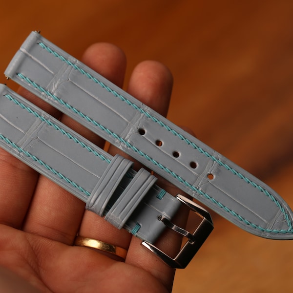 Bespoke Top Quality Light Blue Leather Watch Strap, Slim Watch Straps For Grand Seiko, Omega, Longiness Watch KT188