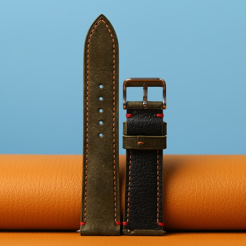 Olive Green Pueblo Leather Watch Strap, Vintage Watch Strap For Rolex