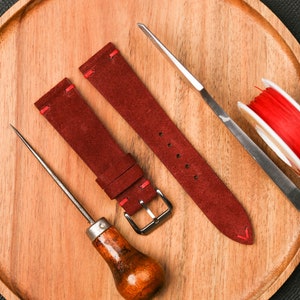Burgundy Suede Leather Watch Strap, Vintage Watch Strap 16mm,18mm,19mm,20mm,21mm,22mm,24mm,26mm KT215