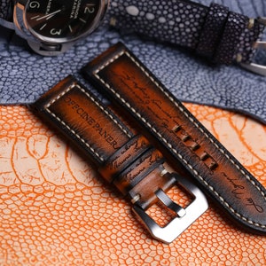Engraved Patina Leather Watch Strap, Custom Watch Band, Engraved Watch Strap 20mm, 22mm, 24mm, 26mm KT50