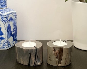 Gray Wood Candle Holders: Handmade Tree Branch Tea Light Set