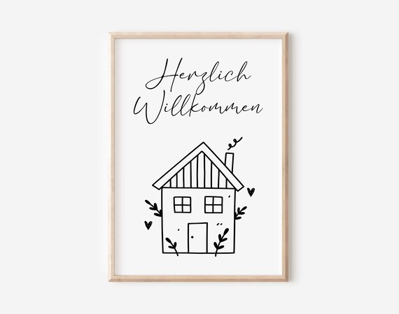 Empfangsschild \"Herzlich Willkommen\" Aus Eisen – Weiss Lackiert Mit Herz-Dekor