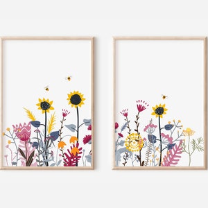 Flower Meadow Poster Set| Flower Print Set | Digital Download | vintage floral print | Living Room Pictures Set | Boho Poster Set