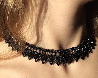 BLACK Beaded Choker Necklace, Gothic Gifts, Handmade Bib Necklace