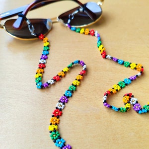 Chaîne de lunettes fleur arc-en-ciel, cadeau d&#39;accessoires, chaîne de lunettes de soleil, collier de lunettes, chaîne de lunettes en perles, bijoux an 2000, cadeau preppy