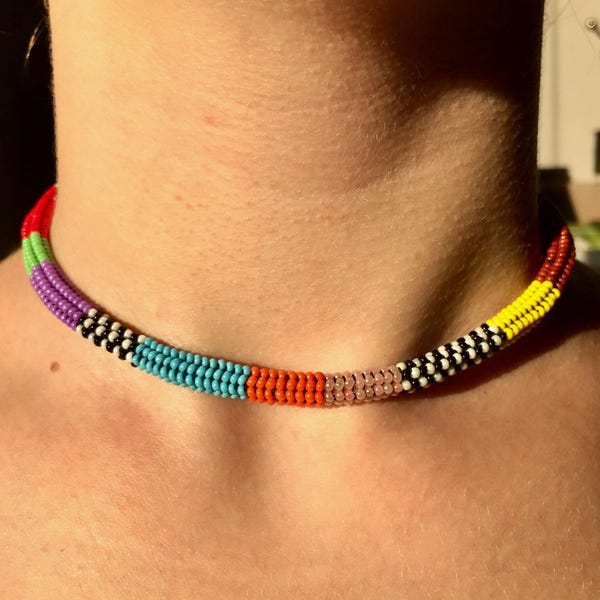 Handmade Colorful Seed Bead Choker: Woven Rope Necklace, Gifts for Her, Summer Beach Jewelry, Jewelry Gift, Birthday Gift