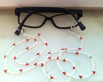Tiny Beaded Cherry Glasses Chain: Eyeglass Necklace, Fruit Accessories Women, Gift Under 20