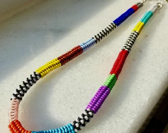 Handmade Glass Seed Bead Necklace: Colorful Woven Rope Boho Choker, Maximalist Jewelry
