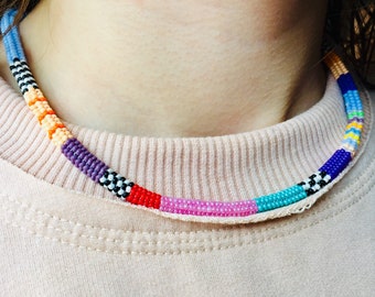 Abstract Handwoven Necklace, Seed Bead Colorful Necklace, Best Gifts for Her, Rope Necklace, Beaded Choker,