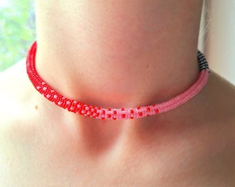Handwoven Seed Bead Choker: Red & Pink Statement Necklace