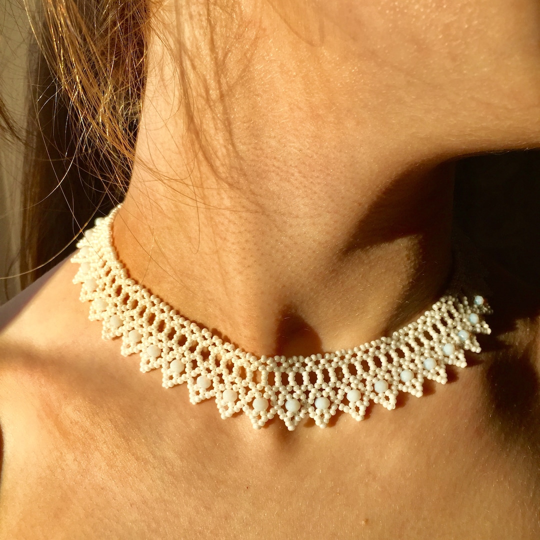 Handmade White Seed Bead Choker, Minimalist Victorian Necklace
