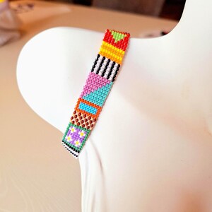 Geometric Abstract Seed Bead Cuff Bracelet, Colorful Loom Woven Wide Bangle, Maximalist Wristband, Artisan Multi-color Statement Jewelry