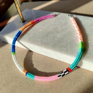 Pastel Glass Seed Bead Choker: Handmade Colorful Necklace, Whimsical Y2k Jewelry