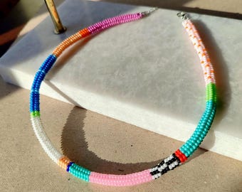 Pastel Glass Seed Bead Choker: Handmade Colorful Necklace, Summer Jewelry, Birthday Gifts Her