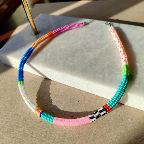 Pastel Glass Seed Bead Choker: Handmade Colorful Necklace, Whimsical Y2k Jewelry