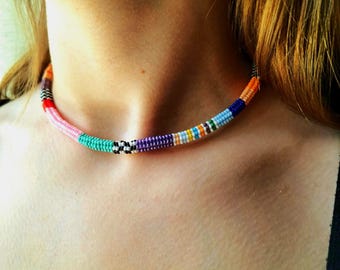 Handwoven Glass Seed Bead Choker: Colorful Abstract Boho Gift Necklace, Statement Jewelry