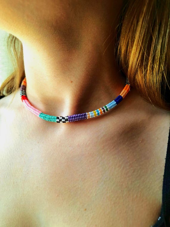 Handwoven Seed Bead Choker: Colorful Abstract Boho Gift Necklace, Summer Jewelry, Birthday Gift Her