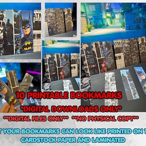 Puede incluir: Un conjunto de marcadores con temática de Batman. Los marcadores presentan imágenes de Batman, paneles de cómics y el logotipo de Batman. El texto incluye "10 Printable Bookmarks" y "Digital Downloads Only". Los marcadores están impresos en cartulina.