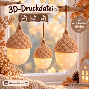 Könnte beinhalten: Drei hängende eichelförmige Ornamente mit strukturierten braunen Kappen und glatten, cremefarbenen Unterteilen mit kreisförmigen Aussparungen. Der Text 3D-Druckdatei, STL, 3MF, ZIP, 3 verschiedene Größen und Gewerbelizenz ist deutlich zu sehen.