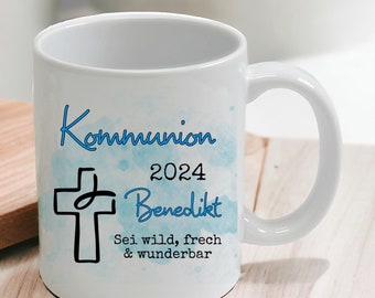 KOMMUNION Geschenke Tasse Namenstasse Kreuz Fisch Für Mädchen Jungen verschiedene Farbkombination