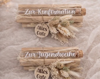 Reagenzglas Geldgeschenk Konfirmation , Geldgeschenk Jugendweihe  Set mit Holzbox & Trockenblumen