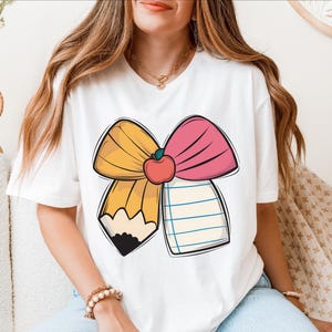 Retro Teacher Coquette Pencil Bow Tee, Back to School Teacher T- Shirt, First Day of School Teacher Gift, Teacher Matching Tees