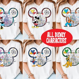 The image is a collage of six images featuring various Disney characters on white t-shirts.