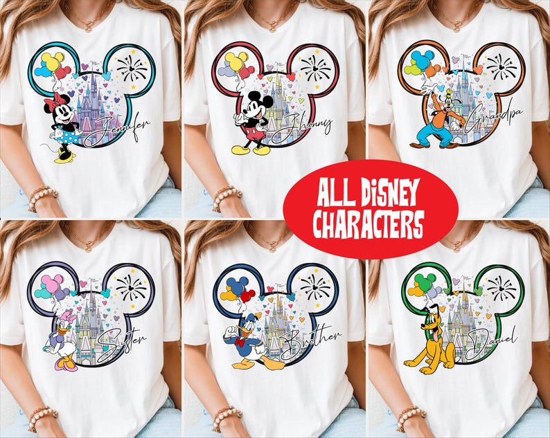 The image is a collage of six images featuring various Disney characters on white t-shirts.