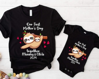 Erstes Muttertags-Shirt, Mama-Baby-T-Shirt, Mama-Tochter-Shirt, 1. Muttertagspullover, lustiges Faultier 1. Muttertags-T-Shirt