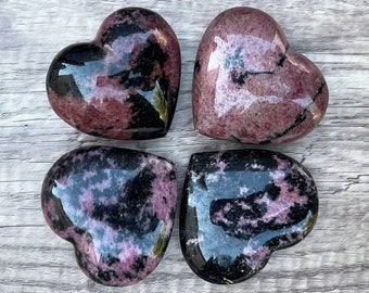 Rhodonite Crystal Heart, Polished Rhodonite 2.5+" Heart Palm Stone, Choose Yours